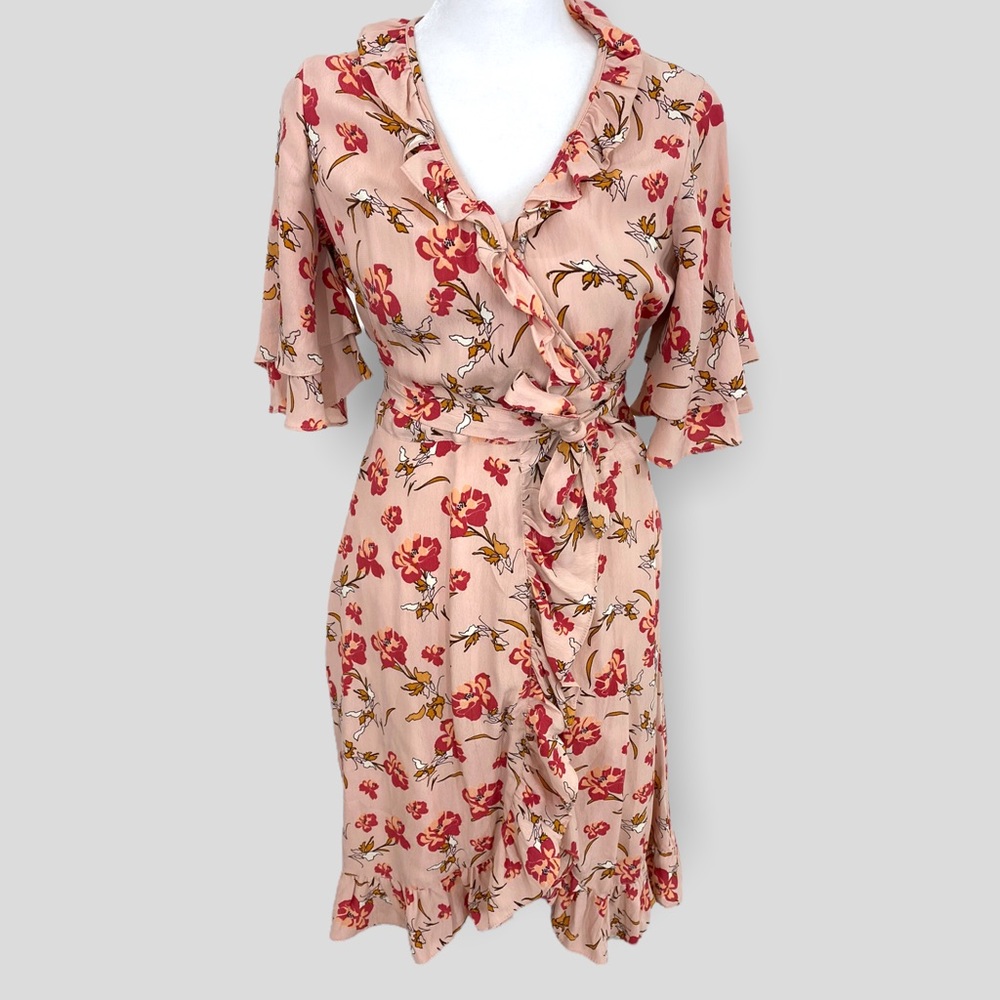ByTiMo Pink Floral Ruffle Trim Wrap Mini Dress